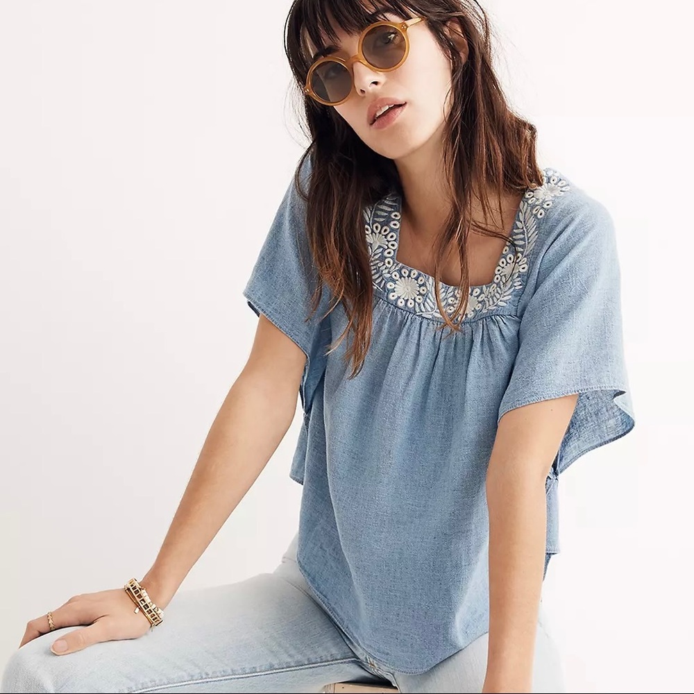 Embroidered Denim/Chambray Butterfly Top